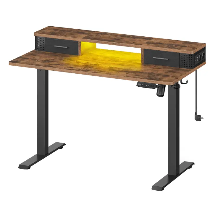 Escritorio Eléctrico Regulable en Altura 60x120cm, Uso con Ruedas Opcional, Soporte para Monitor, Gancho, Función Memoria, Marrón Rústico - 1