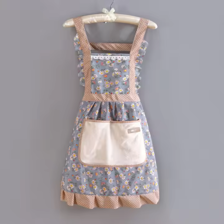 Delantal Para Mujer Con Encaje Y Gran Bolsillo Para Cocina Y Limpieza Delantal De Algodón Y Poliéster Transpirable Estilo Japonés - 1