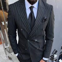 Traje De Novio Elegante Para Hombre En Microfibra Y Poliéster Con Rayas Negras Cuello En Pico Doble Botones Pantalón Y Chaqueta 2 Piezas Para Bodas Y Fiestas - details 2