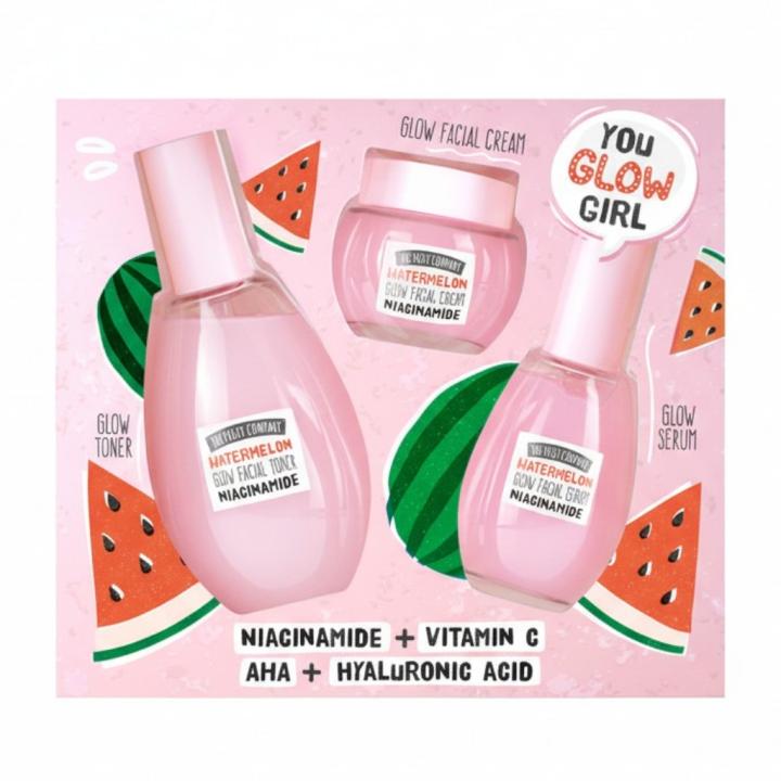 Set facial The Fruit Company Watermelon Glow, incluye tónico 150 ml, sérum 70 ml y crema 48 ml con niacinamida, vitamina C, AHA y ácido hialurónico. Rutina completa para limpiar, iluminar e hidratar la piel. 🚚 Envíos a España 24/48 horas.