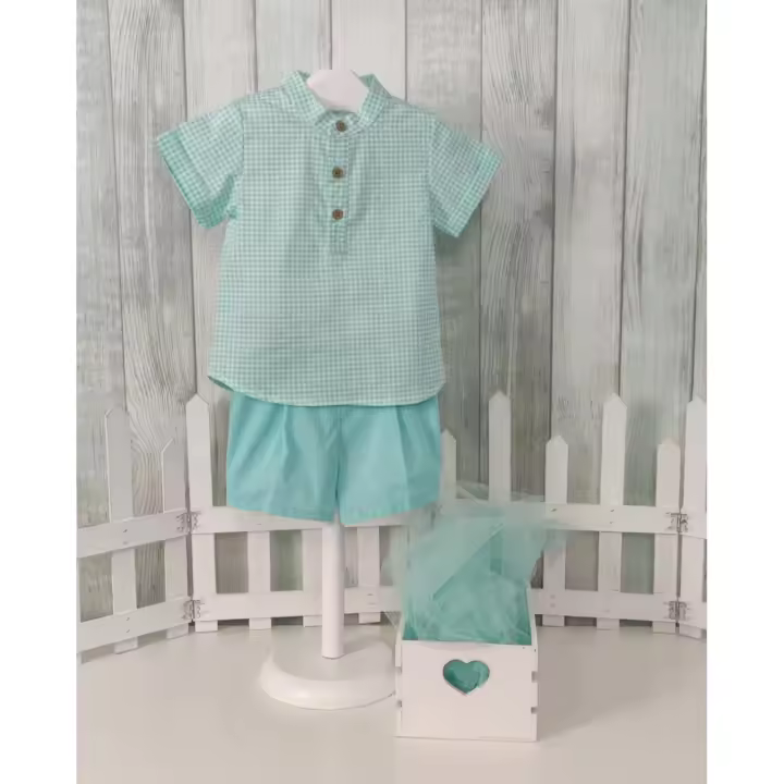 Conjunto de pantalón y camisa de niño en verde-agua con estampado a cuadros - Babidu - 1