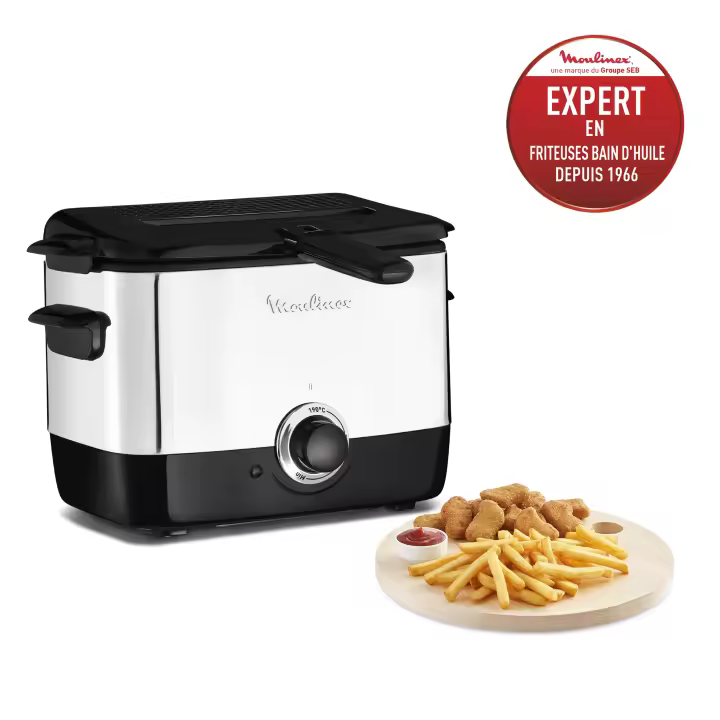 Moulinex AF220010 Freidora, Capacidad 1 l de Aceite, para Unos 600 gr de Comida, Acero Inoxidable, Bol Antiadherente, Filtro Metálico Incluido, Termostato Ajustable, Plástico, Negro, Plateado - 1