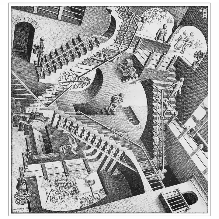 Panel decorativo de Arte Moderno, Listado para Colgar. ESCHER-Relatividad, 1953 - Cm 43x40 - 1