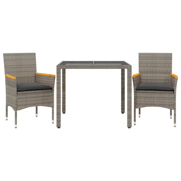 vidaXL Set comedor jardín 3 pzas y cojines ratán sintético vidrio gris - 1