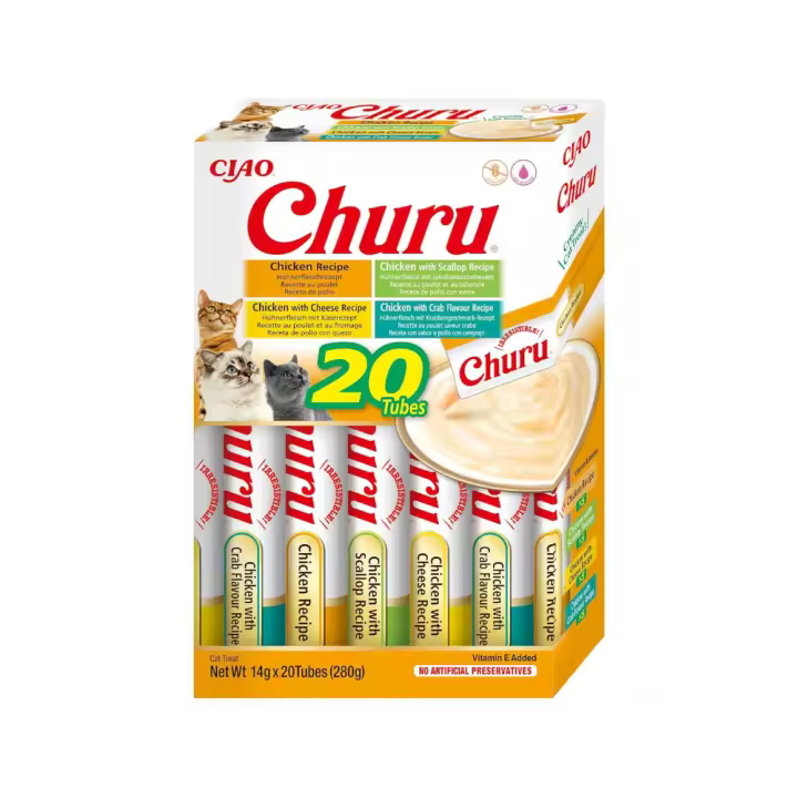 INABA Churu - Snacks Saludables para Gatos a Base de Pollo - Textura Cremosa - Sin Cereales ni Conservantes - 20/40/60 x14g - 1