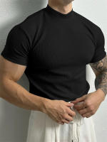 Camiseta De Hombre Elástica Y Cómoda Para Primavera Y Verano Con Cuello Alto Y Rayas Camiseta Deportiva Casual Con Mangas Cortas Para Fitness - details 3