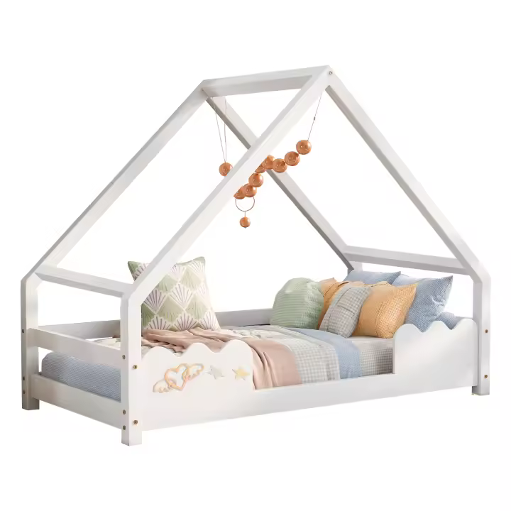 Cama casita cama infantil 90x200cm con protección anticaídas cama de juego cama juvenil madera maciza en color blanco - 1