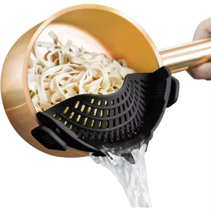 Colador de silicona con clip para ollas y sartenes, colador de pasta, colador de comida con clip para carnes, verduras y frutas, colador de cocina de silicona Negro - 1