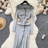 Vestido De Lana Elegante De Otoño Invierno Para Mujer Cintura Alta Botones Cuello Bajado Largo De Contraste Nuevo 2024 - details 8