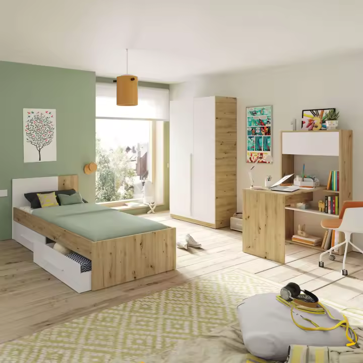 Conjunto de Muebles Dormitorio Juvenil Moderno Melamina Color Roble Nodi y Blanco Artik - 1