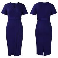 Vestido Elegante Para Oficina Para Mujer Con Cuello En V Manga Corta Cinturón Ajustado Recto Midi Formal Ropa De Negocios Para Mujer - details 45