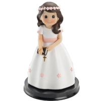 Figura para pastel de comunión niña 17cm. ROSARIO. Figura fabricada en resina y peana de madera, perfecta para decoración de tartas de comunión y regalo especial para la niña que realiza la comunión. - details 0