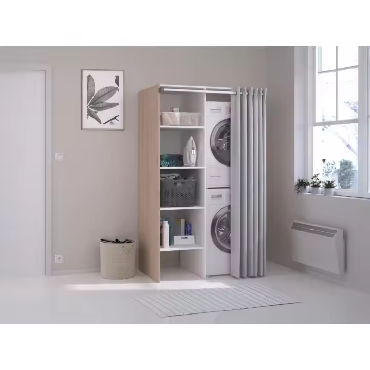 Vente-unique - Mueble para el cuarto de la lavadora con cortina para doble lavadora - Natural claro - L111 x Alt. 184 cm - JAZANO - 1