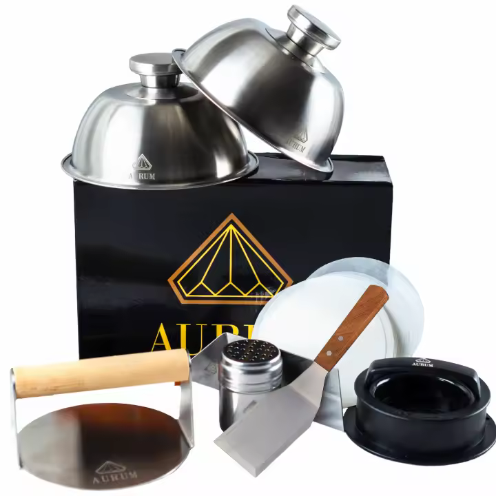 Aurum® Kit Hamburguesas Deluxe Con Prensa Hamburguesas Smash Burger, Molde Hamburguesas, Plancha Barbacoa, Prensa Para Tortillas, Pan Hamburguesa, Aplastador De Patatas, Utensilios Cocina Acero Molde - 1