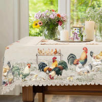 Mantel De Poliéster Retro Con Patrón De Gallo Hembra Y Pollo Decoración De Primavera Y Verano Para Casa Restaurante Café Estilo Campestre Lavable En Máquina Con Enfoscado En Borde - details 2