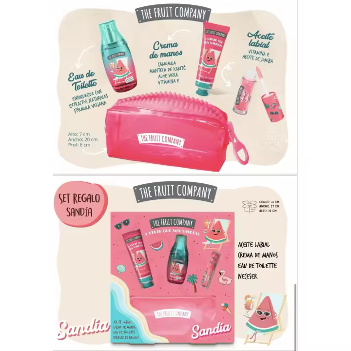The suggested title in Spanish based on the provided information is: "Set Pack Regalo de Verano SANDÍA The Fruit Company  Aceite Labial, Crema de Manos, Colonia y Neceser de Mano Estuche - 1