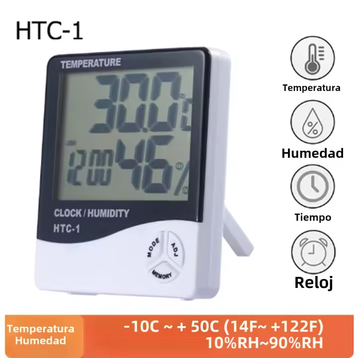 HTC-1 HTC-2 Medidor De Temperatura Y Humedad Digital LCD Estación Meteorológica Con Reloj Para Interior Y Exterior - 1