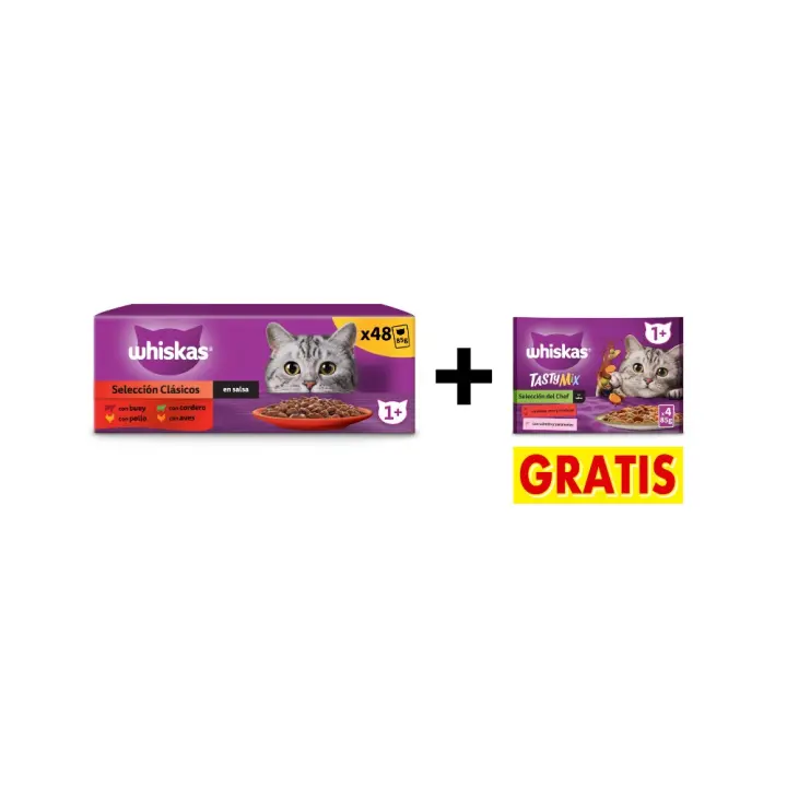 Whiskas Comida Húmeda para Gatos Adultos Selección Clásicos en Salsa Multipack 4x12x85g + TastyMix 4x85g de Regalo - 1