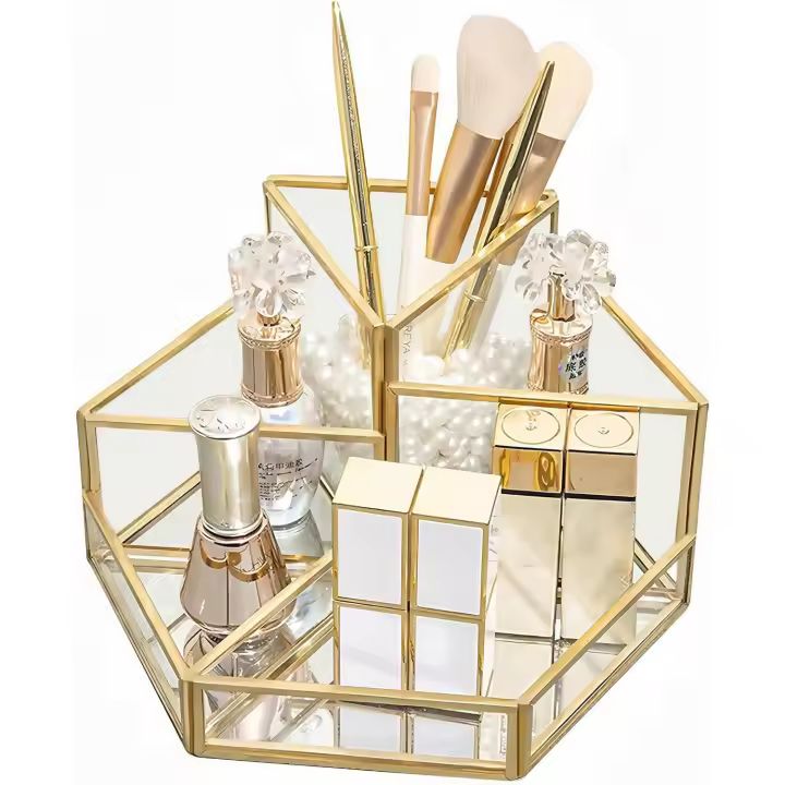 Organizador de Maquillaje, Organizador Cosmeticos Vidrio, Organizador Brochas Maquillaje con 5 Compartimento, Makeup Organizer Dorado, Caja para Maquillaje para Tocador o el Baño - 1