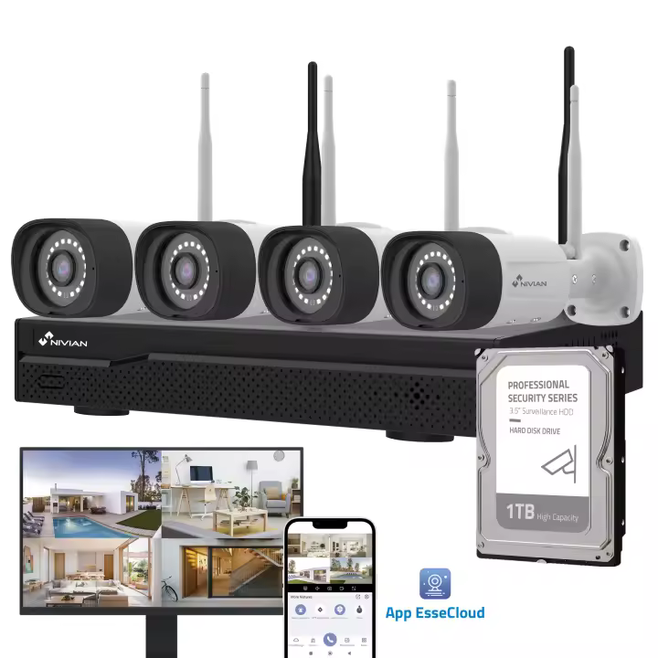 NIVIAN Kit de Cámaras WiFi CCTV 2K IA Detección de Humanos, Audio Bidireccional, Visión Nocturna Dual, Grabación, App EseeCloud, Salida HDMI (10 Canales - 4 Cámaras, Kit CCTV) - 1