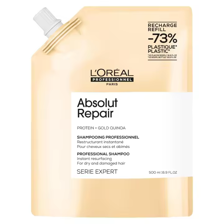 L'Oréal Professionnel Paris Absolut Repair Shampoo Refill 500 Ml. / Champú Reparador para Cabello Dañado y Seco / Con Omega 9 + Proteína / Suavidad, Brillo y Menos Daño. - 1