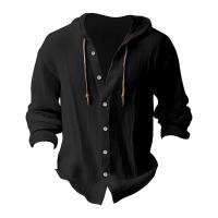 Camisa Casual Para Hombre De Color Sólido Con Capucha Y Cuerda Ajustable De Algodón Y Lino Estilo High Street Top Versátil Para El Día - details 10