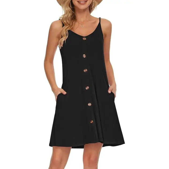 Vestido Mujer Verano Playa Correa Vestidos Short Cuello en V Casual with Bolsos - 1