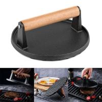 Prensa De Carne Para Barbacoa De Hierro Resistentes Al Calor Con Mango De Madera Forma Rectangular Y Circular Accesorio De Cocina Para Bacon Y Hamburguesas - details 0