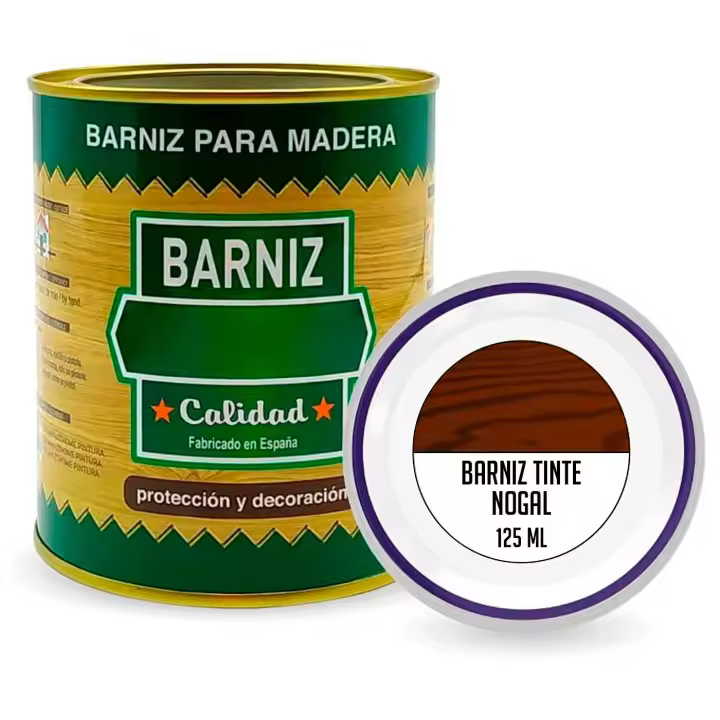 Tradineur - Bote de Barniz Brillo para Madera - Fabricado en España - Ideal para todo tipo de Maderas, vigas, cerchas, marcos, etc. - Capacidad de 125 ML - Nogal - 1