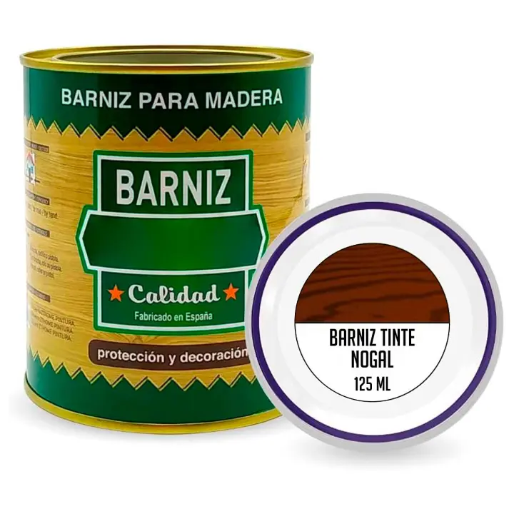 Tradineur - Bote de Barniz Brillo para Madera - Fabricado en España - Ideal para todo tipo de Maderas, vigas, cerchas, marcos, etc. - Capacidad de 125 ML - Nogal - 1