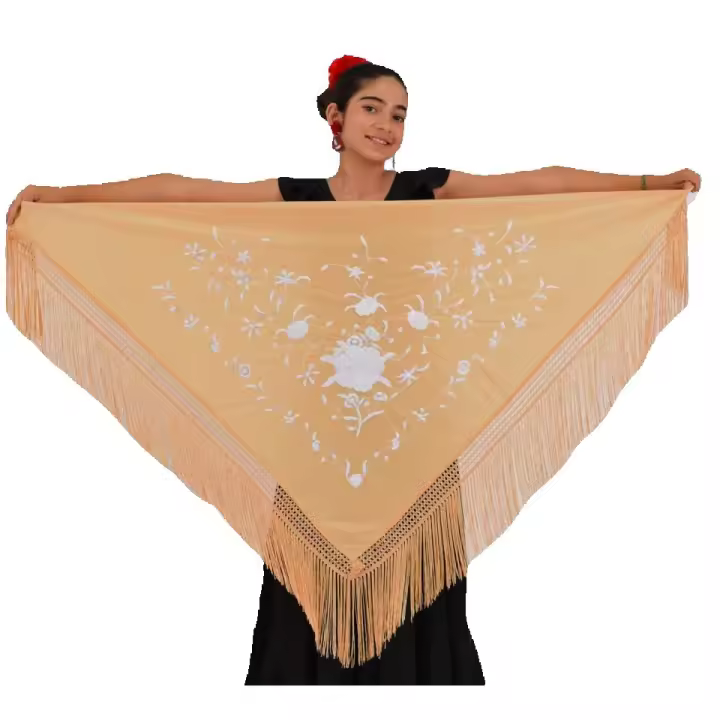 Mantón mediano color Beige con bordado blanco Anuka - 1