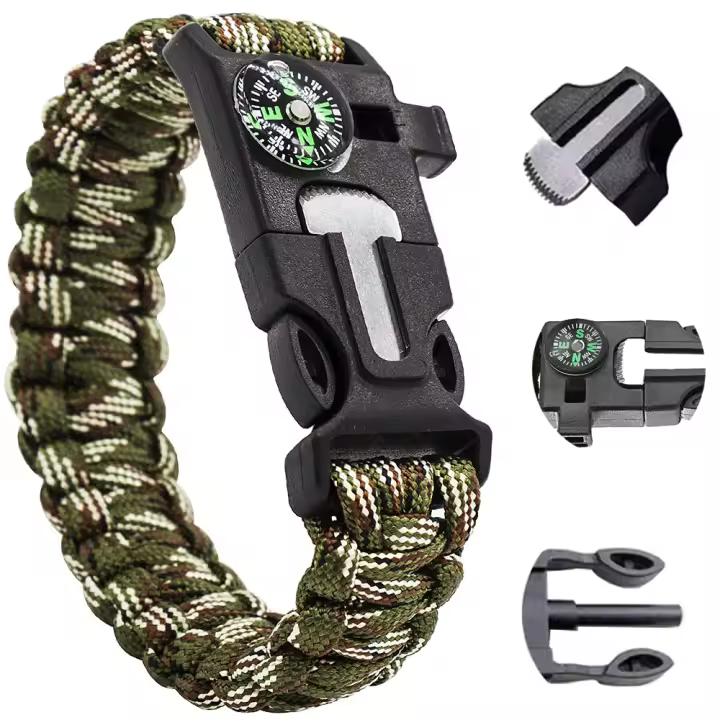 Steel Mule - Pulsera de Supervivencia equipada con Iniciador de Fuego de Ferrocerio, Silbato, Brújula, Mini Sierra, Cuerda de Rescate Fuerte, Tamaño de Banda Ajustable, Camping, Kit de Emergencia, montaña, senderismo, impermeable - 1