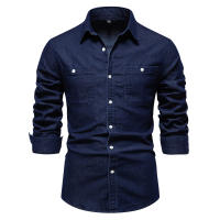 Camisa De Mezclilla Para Hombre Nueva De Otoño Con Doble Bolsillo Cierre De Correa Casual Diseño Social Justa Algodón Y Spandex - details 5