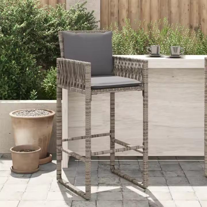 vidaXL Taburetes de Exterior, jardín, cocina con cojines 2 uds ratán sintético gris - 1