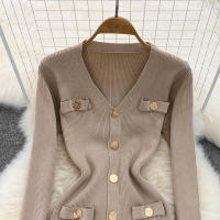 Vestido Midi De Punto REALEFT Para Mujer Con Cuello En V Manga Larga Y Falda Frontal Solta Estilo Casual Color Sólido Otoño Invierno - details 23