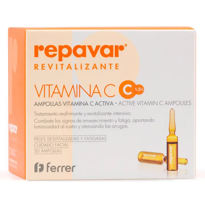 Repavar Revitalizante Vitamina C Activa para el Cuidado Facial - Previene el Envejecimiento - Tratamiento Reafirmante y Revitalizante Intensivo - 20 Ampollas de 1 ml - 1