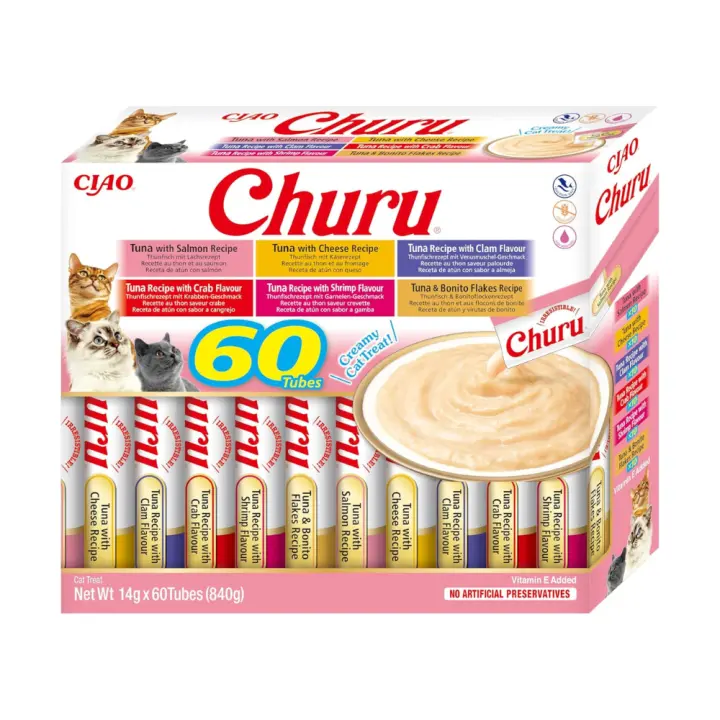 INABA Churu  - Premios para Gatos - Snacks Saludables a Base de Atún, Varios Sabores - Textura Cremosa - Sin Cereales, Conservantes, Colorantes - 60x14g - 1