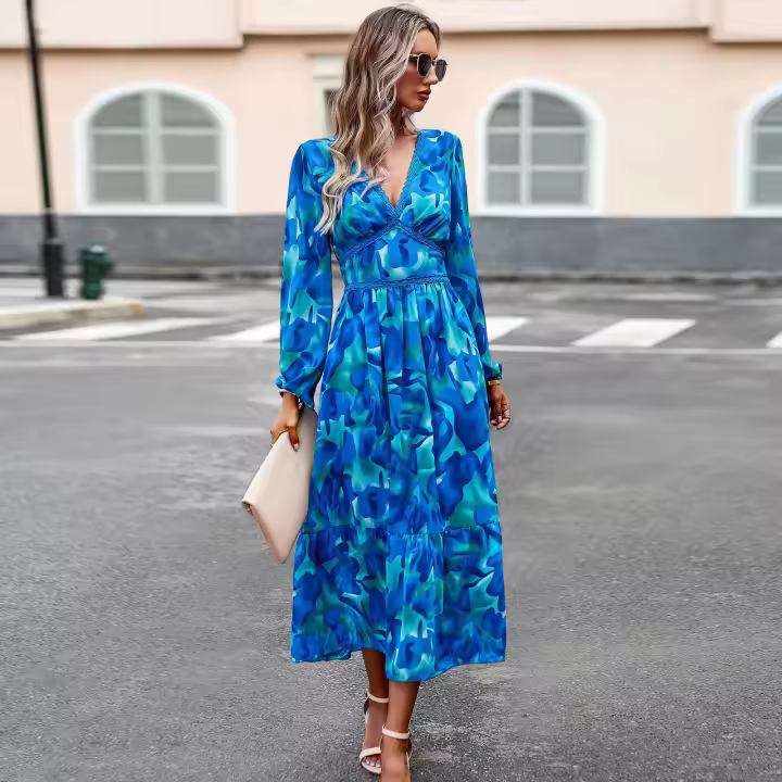 Holiday Casual Print V-Neck Long Sleeve Dress - 1