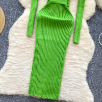 Vestido De Punto Para Mujer REALEFT Otoño Invierno Con Cinturón Cuello Polo De Mano Sola Manga Larga Ajuste Cintura Alta Vestido De Trabajo - details 33