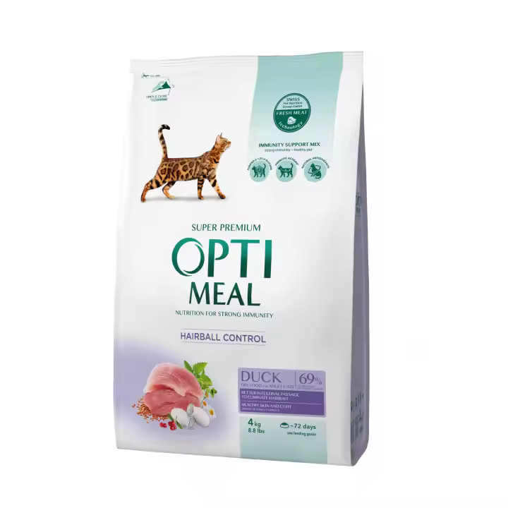 Pienso seco completo para gatos adultos con control de la bola de pelo OPTIMEAL  - pato, con Ingredientes de calidad, Refuerzo inmunológico, y Beneficios para la piel y el pelaje - 1