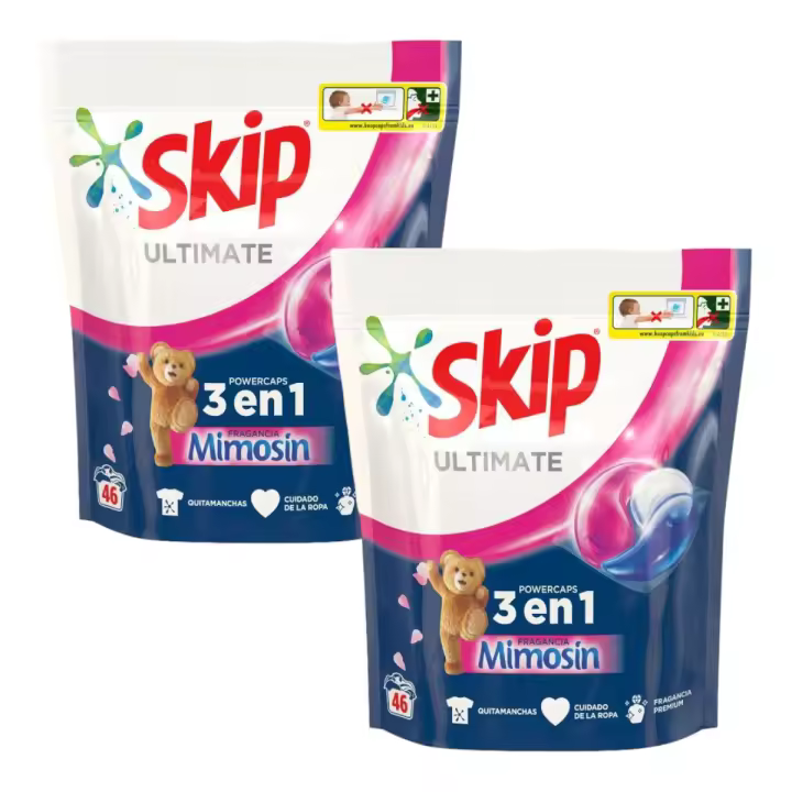 SKIP Pack 2 Bolsas de Detergente en cápsulas fragancia Mimosín acción 3 en 1 poder quitamanchas Ultimate Skip 46 cápsulas (Total 92 cápsulas) - 1