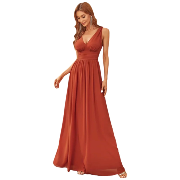 Deep V-Neck Sleeveless Long Evening Gown, Pleated Waist Chiffon Full-Skirted Bridesmaid Dress, Elegant Long Dress for Wedding and Banquet