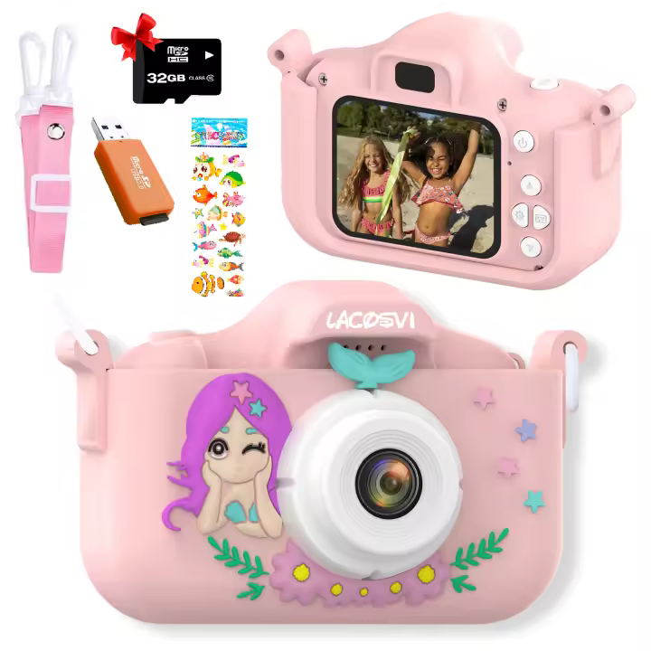 Lacosvi cámara fotos infantil Pantalla 2,0" 1080P HD selfie video cámara para niños y niñas con Tarjeta SD de 32 GB regalos de cumpleaños originales para niños de 3-12 Años En Español (Sirena Rosa) - 1