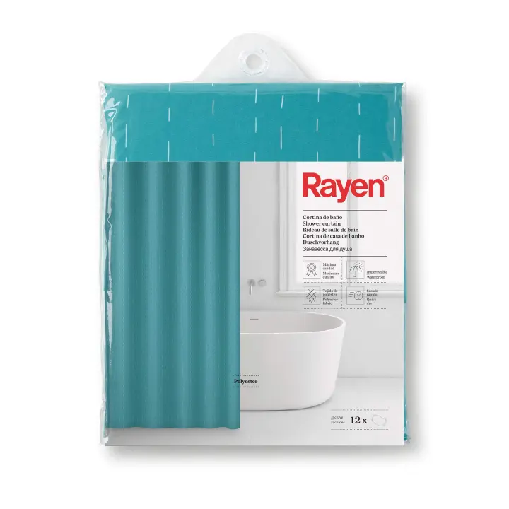 Rayen | Cortinas de Baño | Cortina para Ducha o Bañera | Impermeable | Poliéster | Secado Rápido | Opaco | Argollas PVC | Incluye 12 Ganchos | 180 x 200 cm | Azul con Rayas Blancas - 1