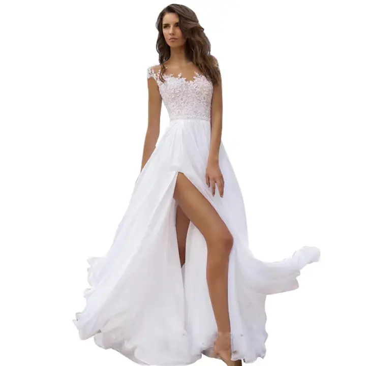 Women's Lace Chiffon Dress Prom White Evening Gown Split Maxi Dress - 1