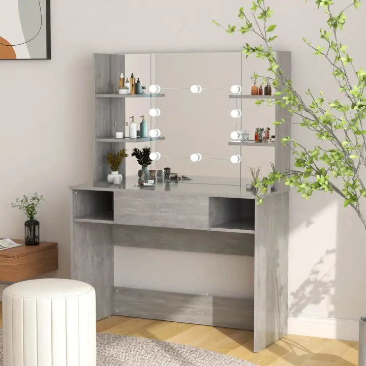 vidaXL Tocador de maquillaje luces LED MDF gris hormigón 100x40x135 cm - 1