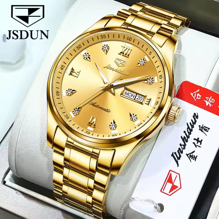 Reloj Mecánico Automático JSDUN Para Hombres Resistente Al Agua De Acero Inoxidable Simple Y Casual Con Manecillas Luminosas Y Calendario Completo - 1