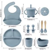 Vajilla de Bebé Silicona, 10 piezas Juegos de vajilla infantil, Cubiertos con plato ventosa, Plato Bebe Ventosa,Tenedor con mango de madera, bebe de silicona, Babero Set vajilla silicona bebe - details 6