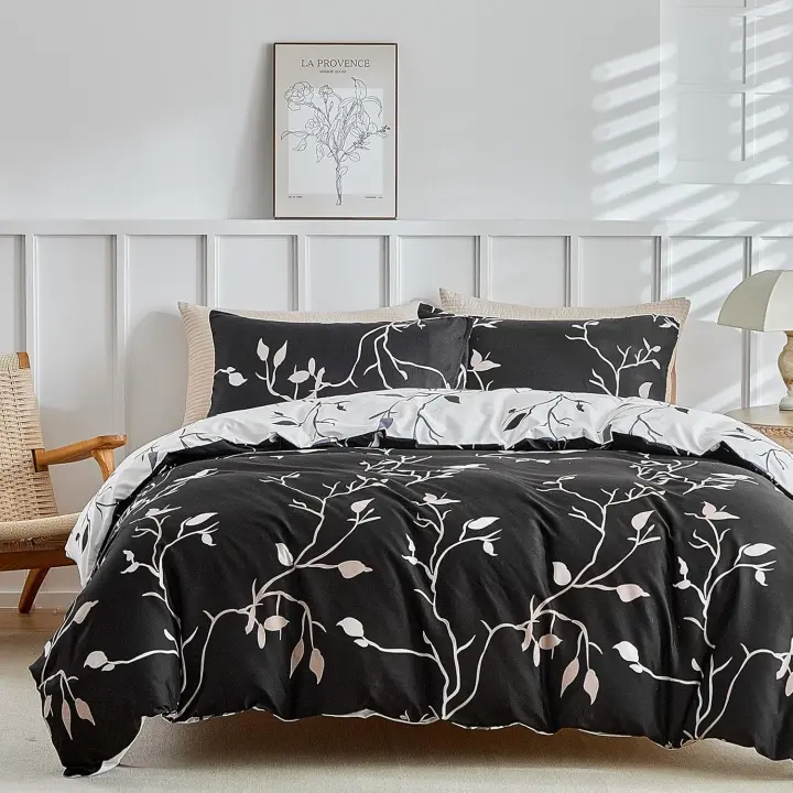 Lekesky White King Size Duvet Cover Sets Botanical Grey Leaf Print White Bedding Sets King Size (1x Quilt Cover, 2x Pillowcases) Soft Microfiber Duvet Cover Sets 230x220 cm, Botanical - 1