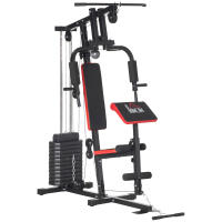 HOMCOM Multiestación de Musculación Máquina de Musculación con Placas de Peso de 65 kg Carga Max. 100 kg para Entrenamiento Fitness en Hogar Gimnasio Negro y Rojo - details 0